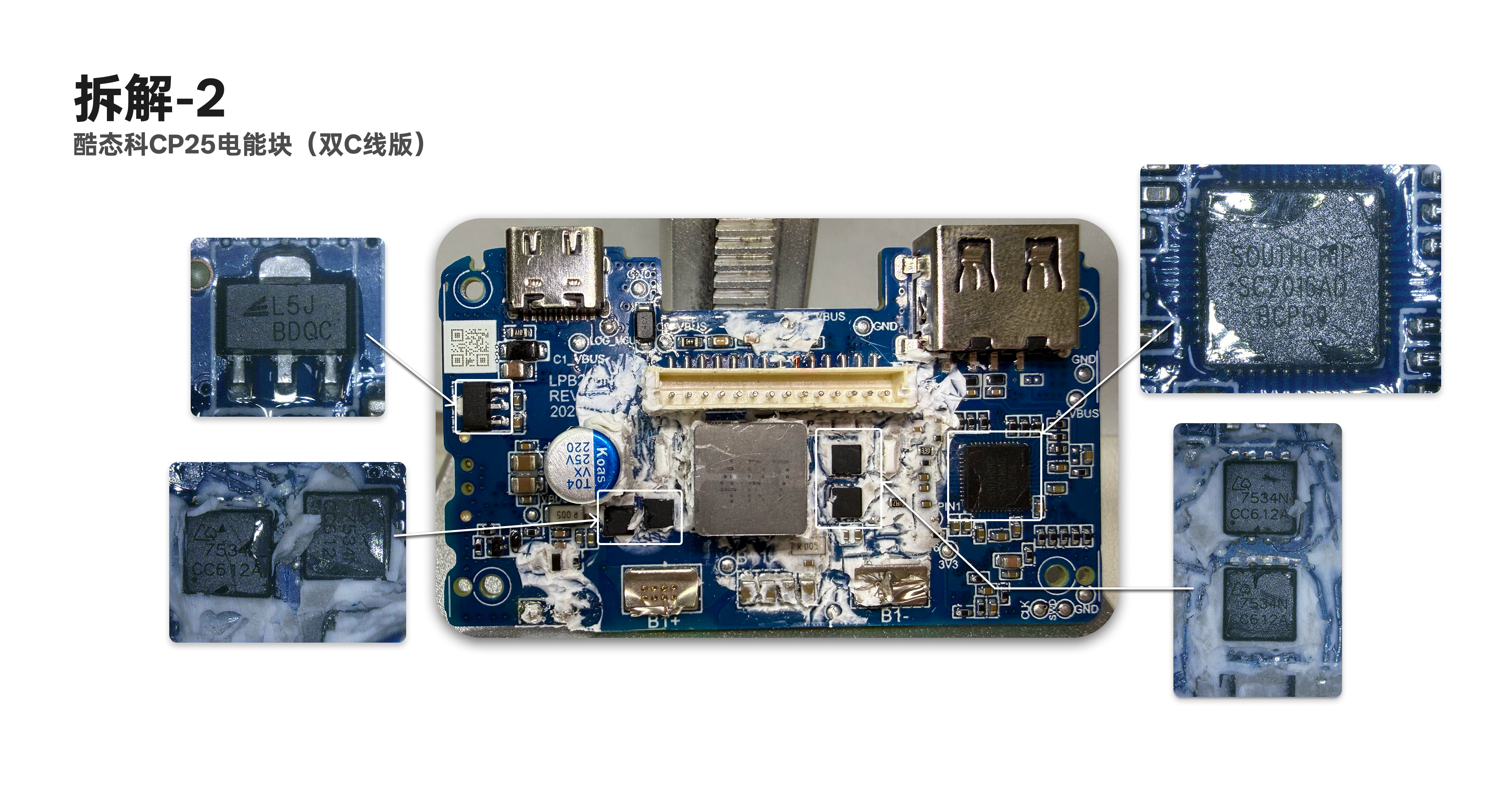 酷态科 CP25 主板背面、USB-C、主电感和辅助控制芯片拆解标注