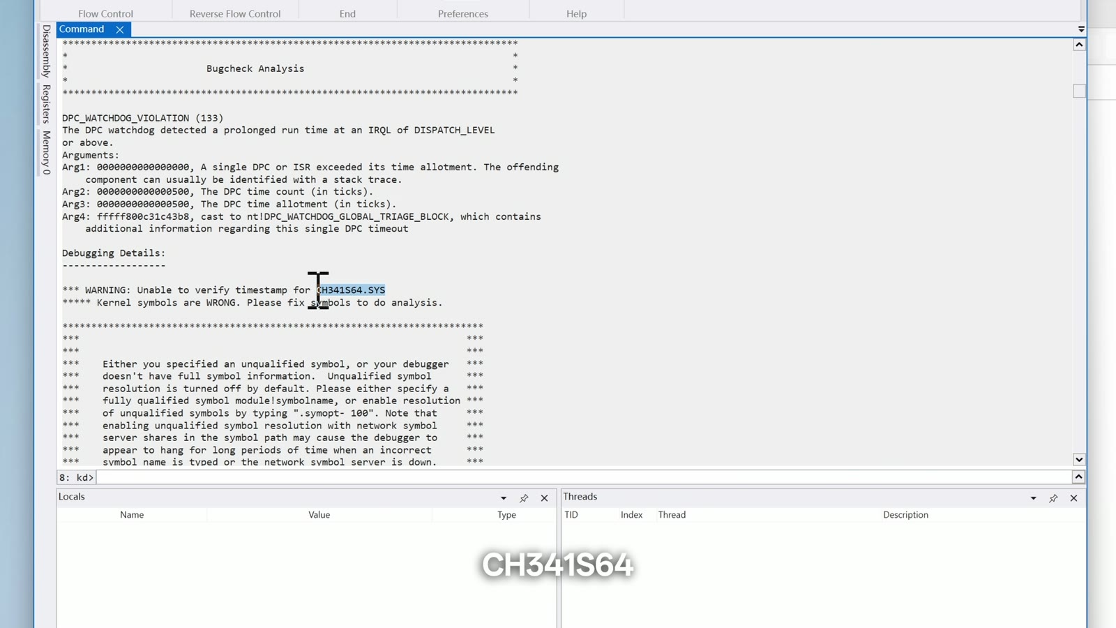 WinDbg 分析结果指向 CH341S64 驱动