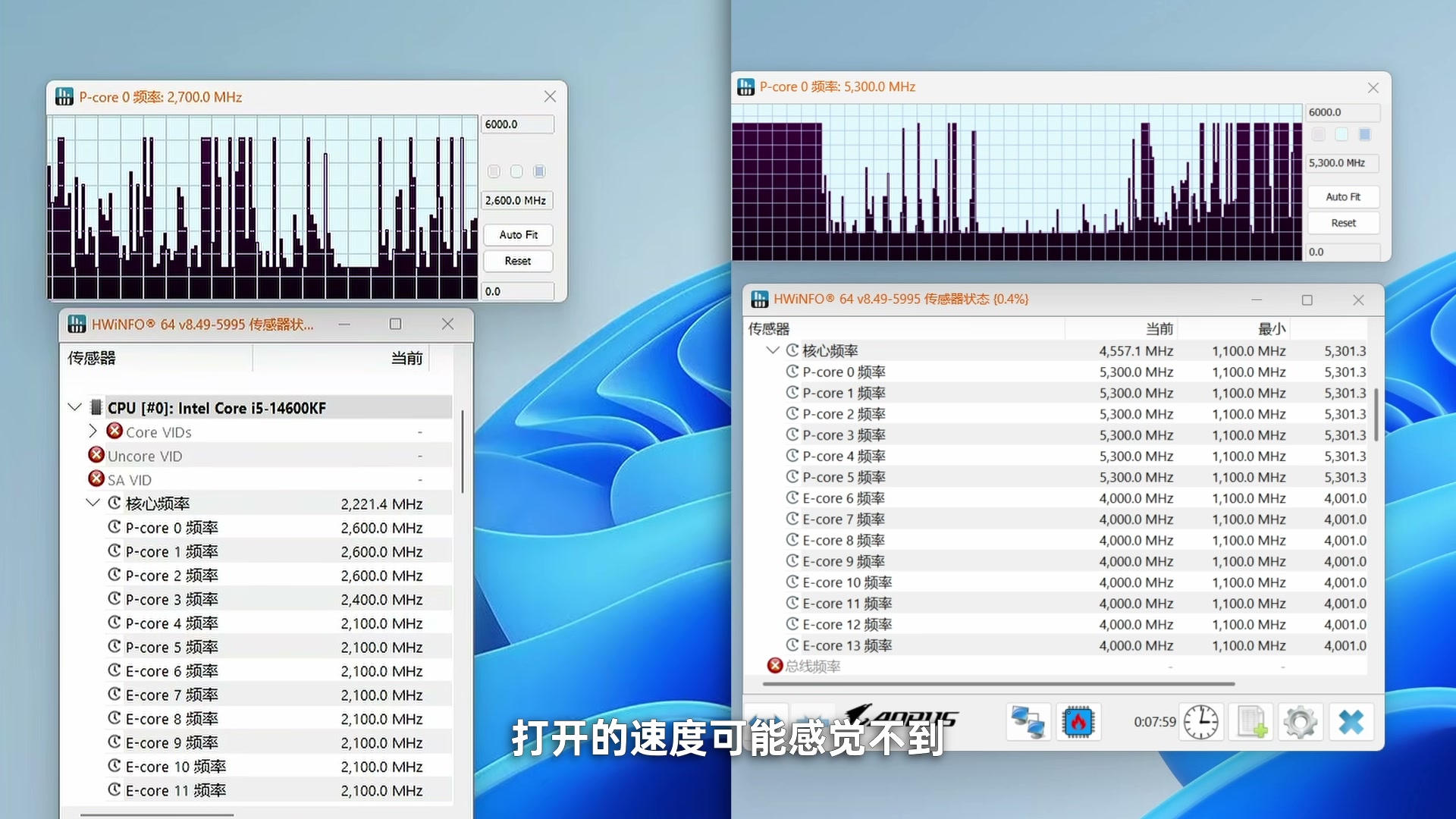 Windows 11 低延迟模式开启前后打开应用时的 CPU 频率对比