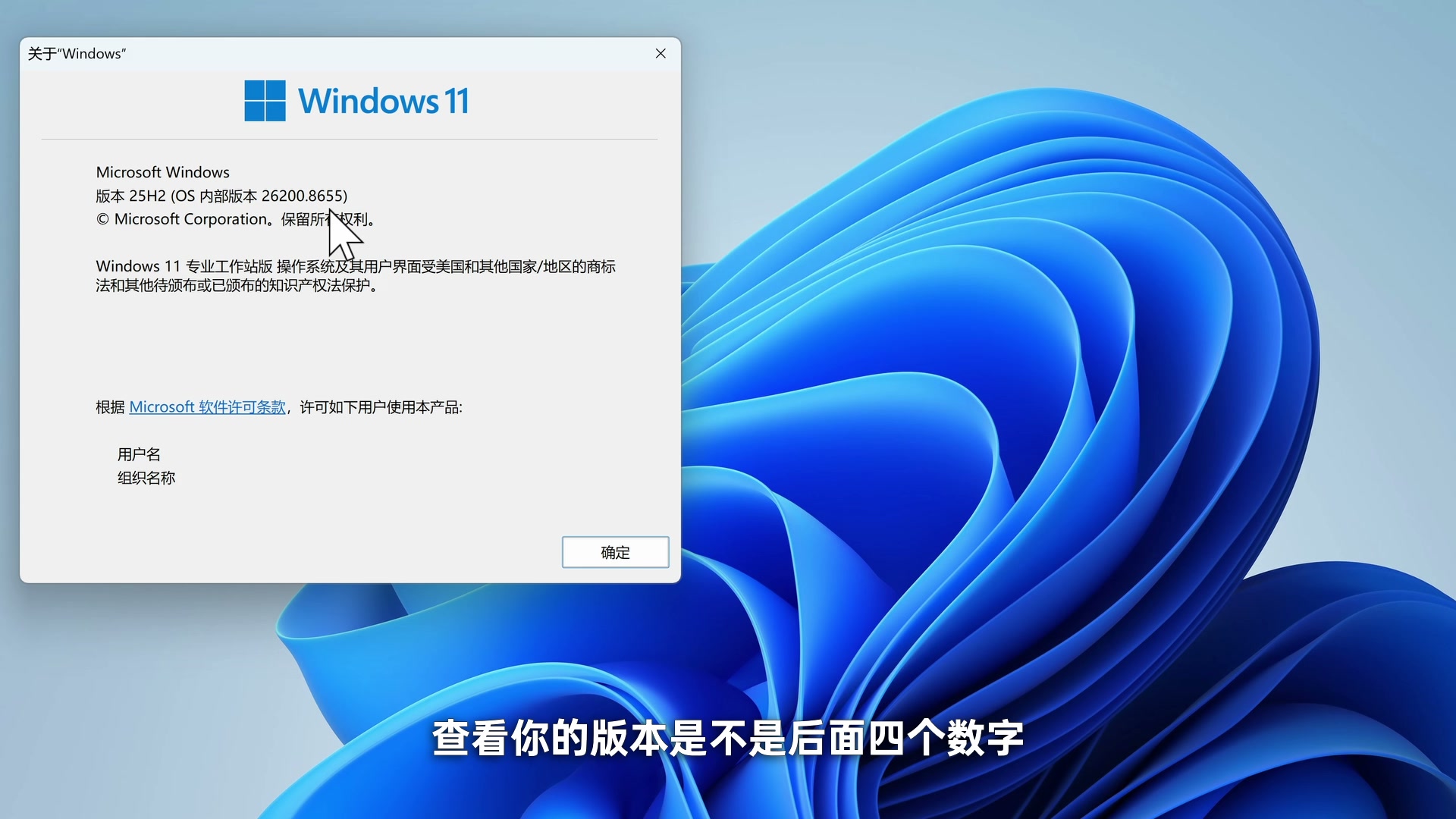 使用 winver 检查 Windows 11 25H2 OS 内部版本 26200.8655